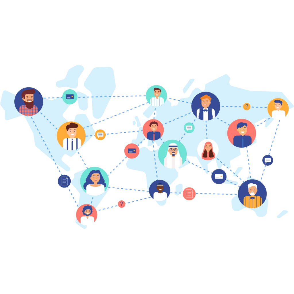 An image depicting the world map intertwined with people and icons, representing global connections. Used for offshore digital marketing agency services.