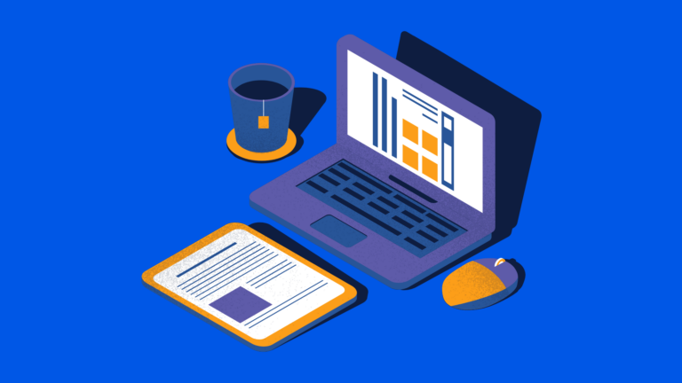 Blue background with laptop, mouse, and coffee, representing responsive website design.