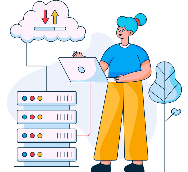 A woman stands by a server, with a cloud above her, illustrating the connection between technology and cloud services